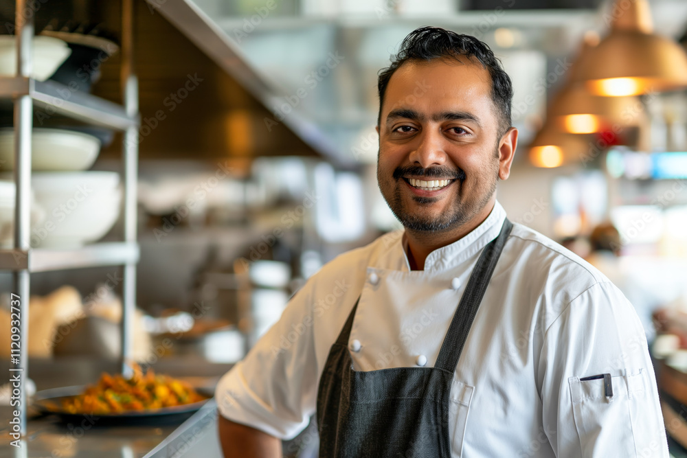 Obraz premium Smiling Indian male chef in a busy restaurant kitchen