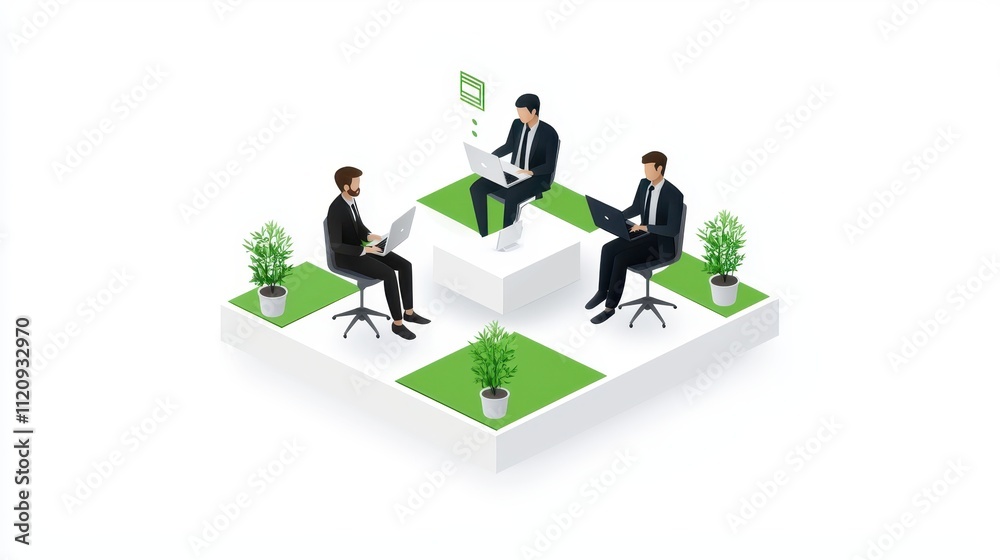 Professional Team Collaborating in a Modern Office Space Surrounded by Green Plants, Working on Laptops and Engaging in Productive Discussions in a Minimalist Design Professional Team Collaborating in a Modern Office Space Surrounded by Green Plants, Working on Laptops and Engaging in Productive Discussions in a Minimalist Design