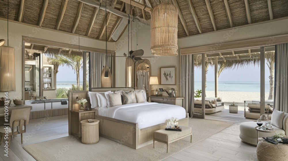 Luxurious beachfront bedroom with natural decor and serene ocean view. Luxurious beachfront bedroom with natural decor and serene ocean view.