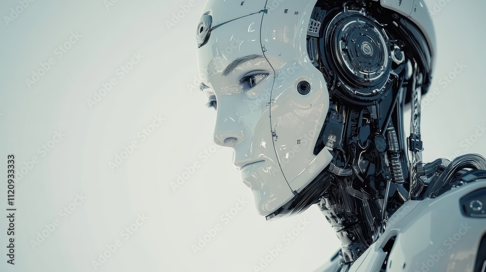 Futuristic robot head in close-up focus showcasing advanced technology and intricate details, representing artificial intelligence and human-like features in a sleek design. Futuristic robot head in close-up focus showcasing advanced technology and intricate details, representing artificial intelligence and human-like features in a sleek design.