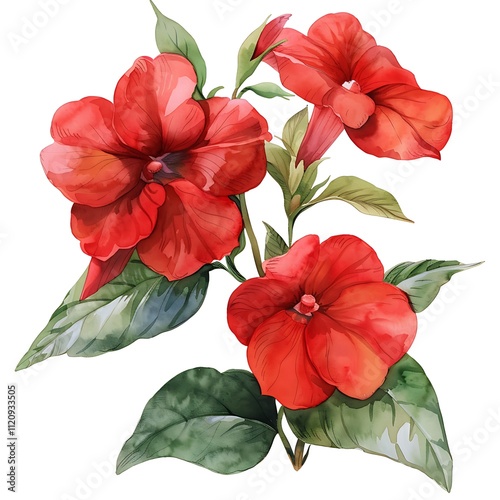 Watercolor Red Impatiens Isolated on White Background. Beautiful Impatiens Flower