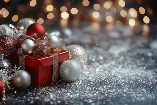 Christmas decorations on table with blurred background, bokeh lights, New Year's garland with silver, red, and gold balls, red gift box, and snowflakes. photo