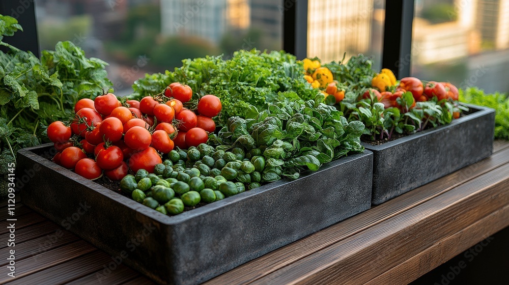 Freshly Harvested Vegetables Displayed on a Urban Rooftop Garden with Vibrant Greens and Bright Tomatoes Against a City Backdrop