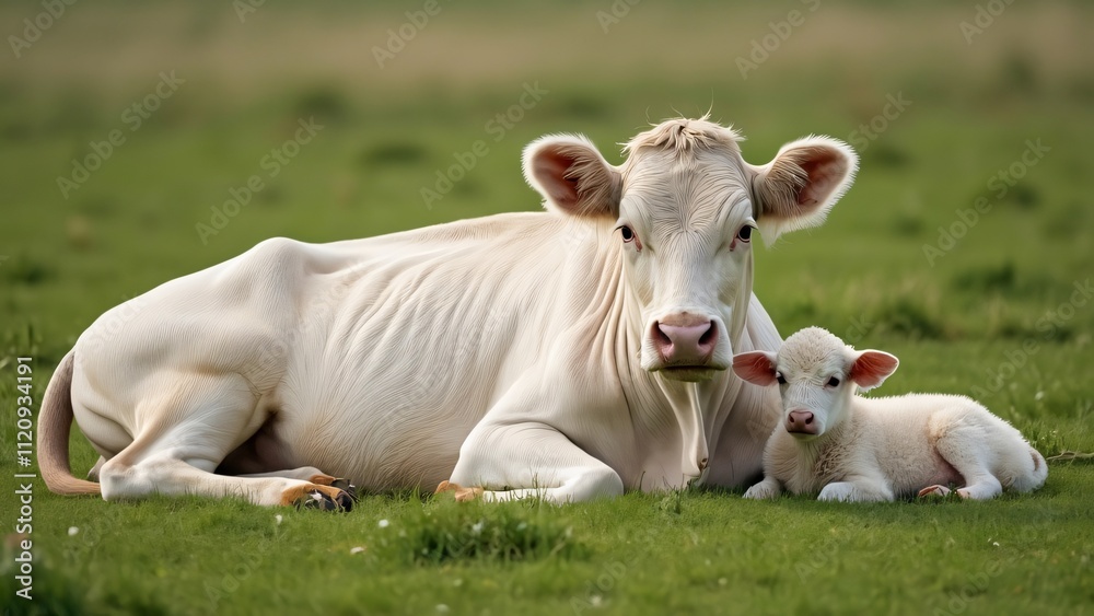 custom made wallpaper toronto digitalAdorable White Cow and Two Newborn Calves Resting on Lush Green Grass