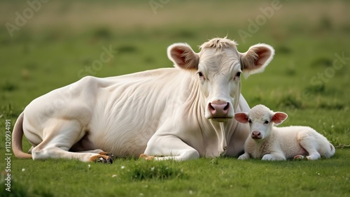 Wallpaper Mural Adorable White Cow and Two Newborn Calves Resting on Lush Green Grass Torontodigital.ca