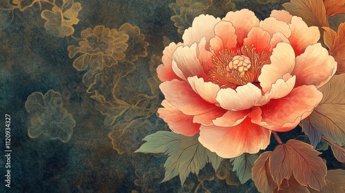 Elegant Peach Peony Blossom with Gold Leaf Background