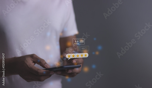 Customer Review, Young Man hand using smartphone mobile with five star to review and give 5 stars with very good results in service, Good review 5 star rating choice feedback