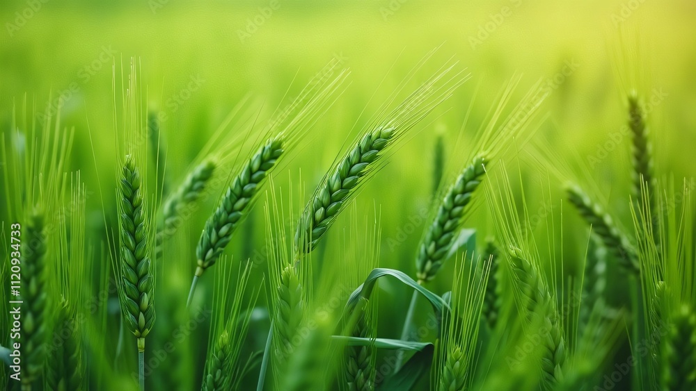 Obraz premium Vibrant Green Wheat Field, Close-Up Spring Scenery of Young Wheat Grains Swaying in the Breeze, Healthy Food Concept