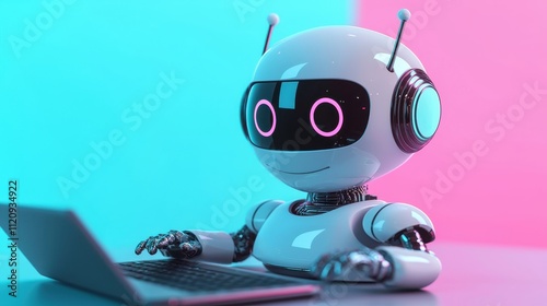Modern Robot with Friendly Design Engaged in Creative Work on Laptop in a Bright and Futuristic Setting with Visual Appeal and Whimsical Elements
