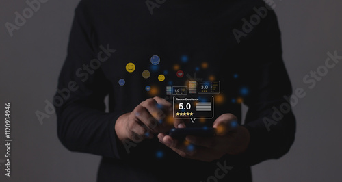 Review Excellence; , Young Man hand using smartphone mobile with laptop to five star to review and give 5 stars with very good results in service, Good review 5 star rating choice feedback