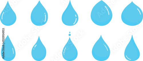 Set of water drop icon. Blue water droplet flat illustration. Water or oil drop shape isolated on transparent background