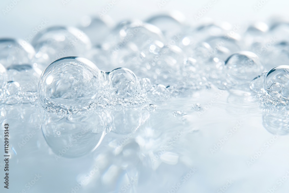 A close-up view of clear transparent bubbles clustered together on a smooth glossy surface A close-up view of clear transparent bubbles clustered together on a smooth glossy surface