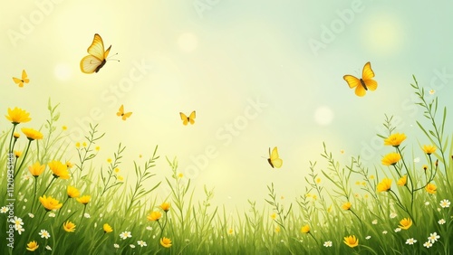 Serene Spring Meadow, Vibrant Yellow Wildflowers, Butterflies, Pastel Sky - Tranquil Nature Backdrop photo