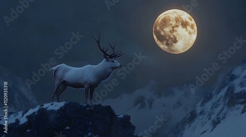 A majestic white deer with perfect antlers, on the mountain and the beautiful view of the full moon at night photo