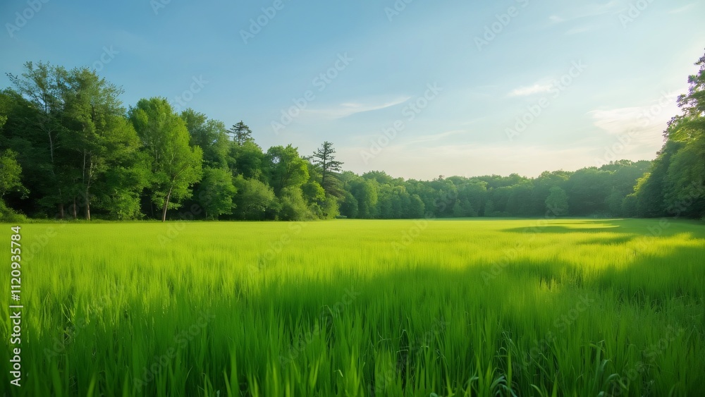 Fototapeta premium Serene Summer Meadow Landscape, Lush Green Grass Field Surrounded by Trees and Blue Sky - AI Generated Image