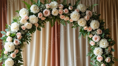 Elegant Wedding Arch with Pink and White Flowers, Lush Greenery, and Draped Fabric Background