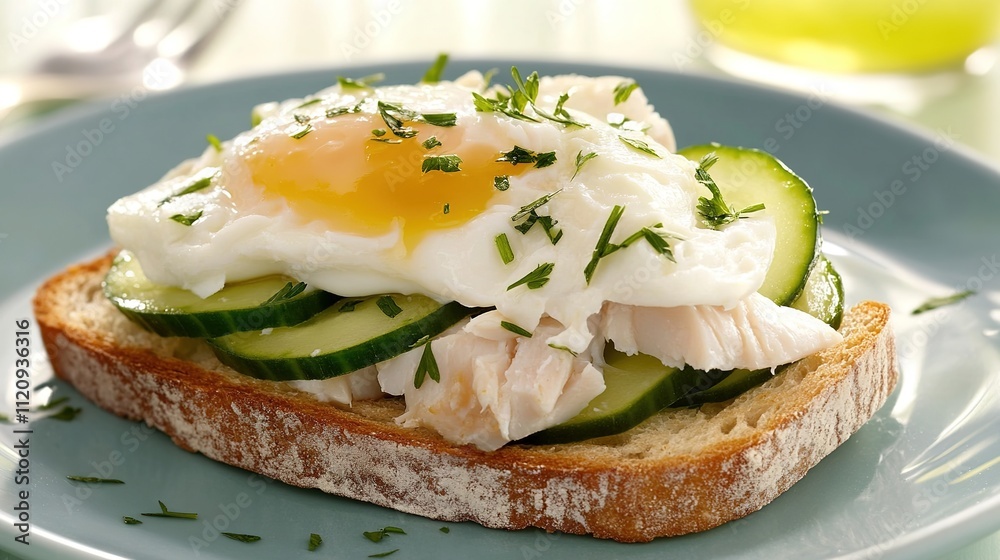 Toast with Fish, Poached Egg, and Cucumber - Gourmet Breakfast Photography Toast with Fish, Poached Egg, and Cucumber - Gourmet Breakfast Photography