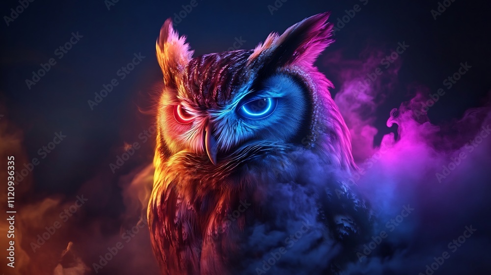 Fototapeta premium Mystical Neon Owl in Smoky Atmosphere: A Digital Art Masterpiece
