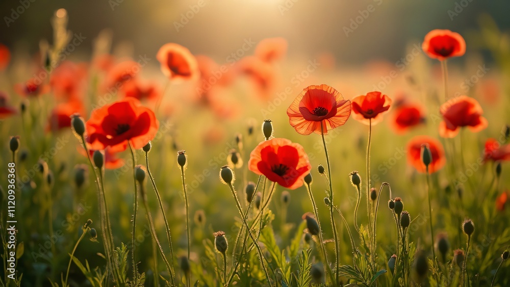 Fototapeta premium Enchanted Poppy Field, Vibrant Red Flowers Swaying in Golden Sunlight