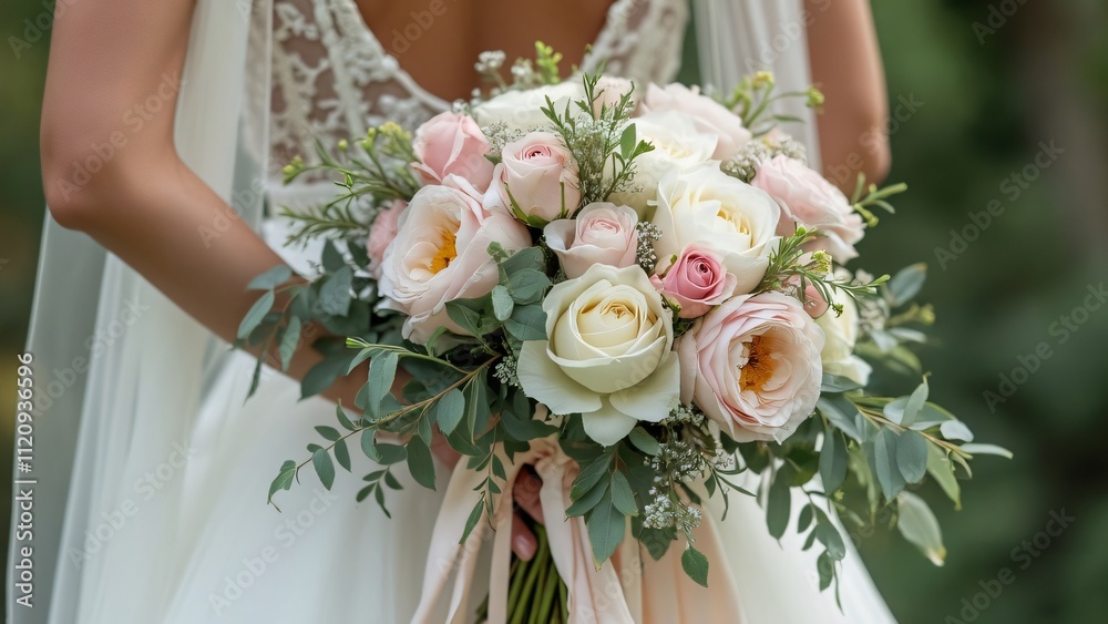 Stunning Bridal Bouquet, Close-up of Pink & White Roses, Peonies, Greenery, and Elegant Ribbons Stunning Bridal Bouquet, Close-up of Pink & White Roses, Peonies, Greenery, and Elegant Ribbons