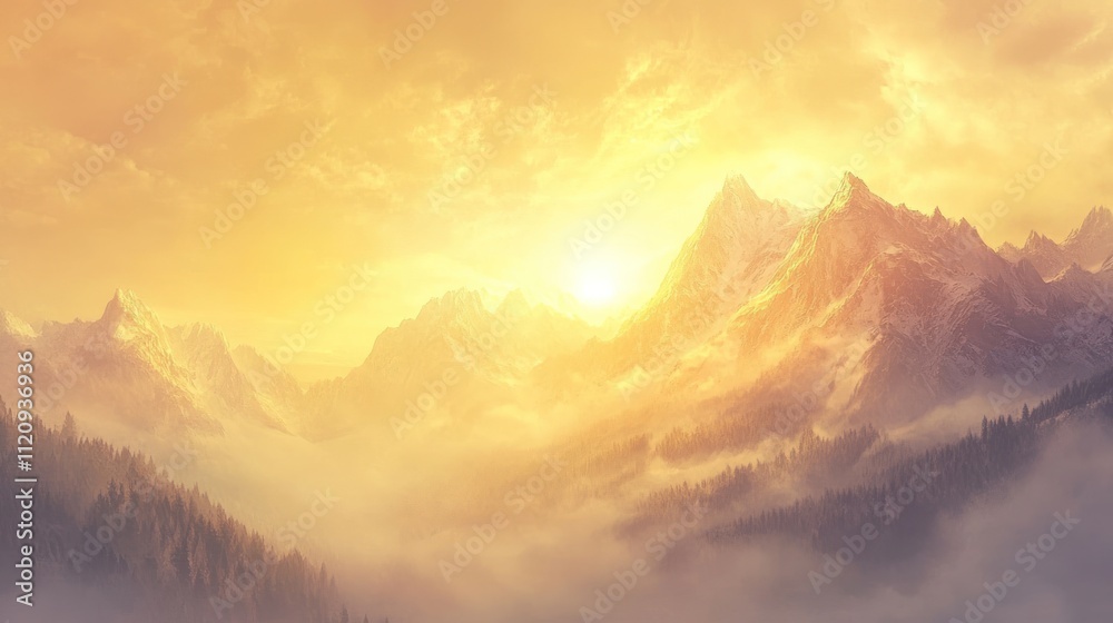 Foggy mountain range at dawn, golden sunlight breaking through, soft and peaceful atmosphere 