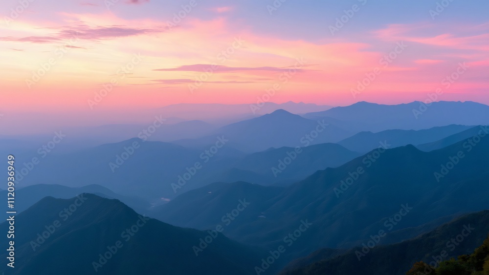 Fototapeta premium Stunning Chiang Mai Mountain Range Sunset, Pink & Blue Sky Panorama
