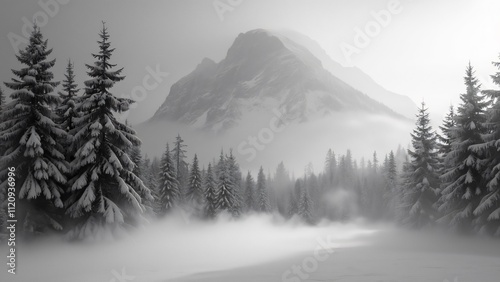 Majestic Foggy Mountain Scene, Snow-Covered Evergreens in Monochrome Winter Landscape Photography
