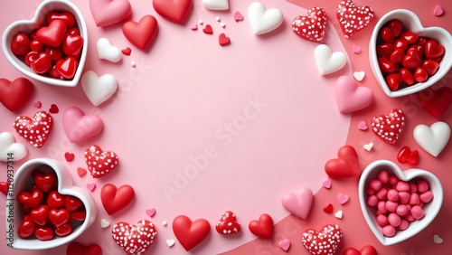 Festive Valentine's Day Background, Red, Pink, White Hearts & Candy Bowls - Perfect for Romantic or Commercial Designs
