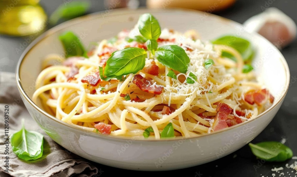 A delicious bowl of pasta garnished with basil and cheese.