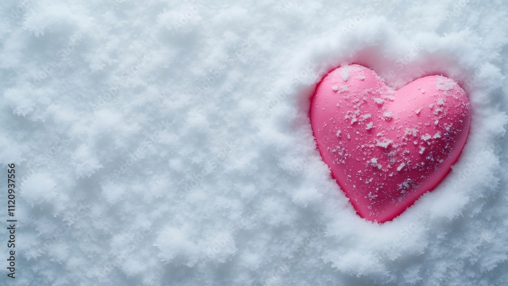Obraz premium Pink Heart in Snowy Scene, Flat Lay Valentine's Day Image, Romantic Winter Background, Snowy Heart, Winter Love Concept