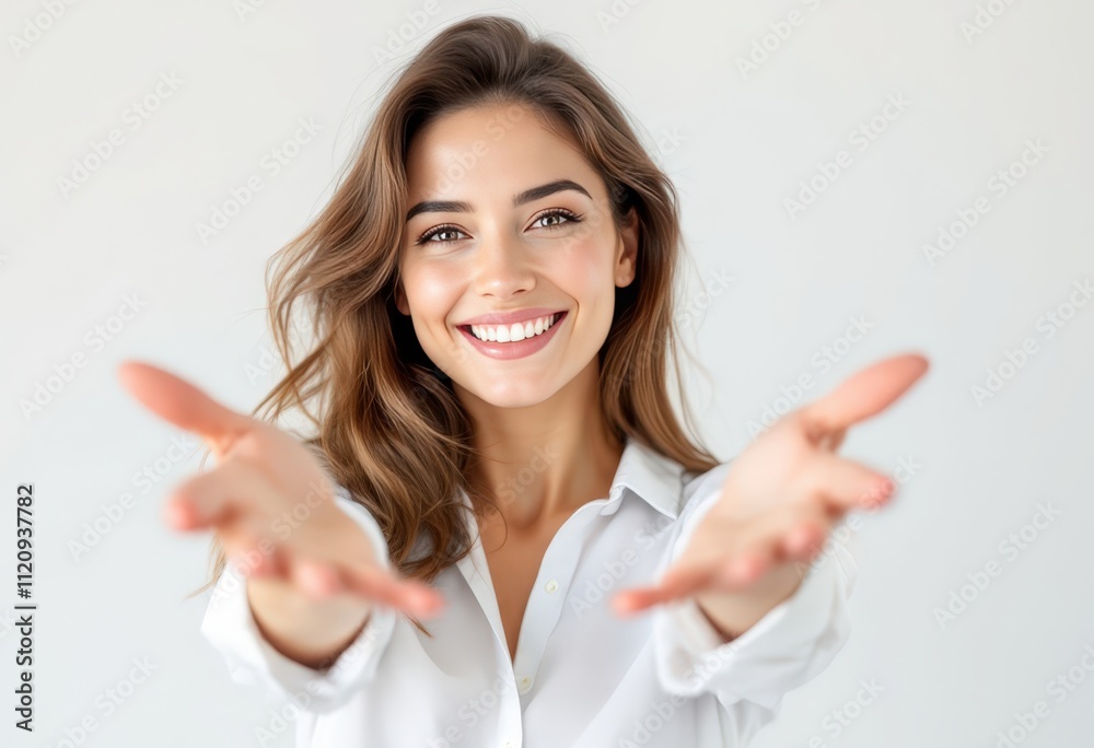 Smiling Woman with Open Arms Reaching Towards on White Background Smiling Woman with Open Arms Reaching Towards on White Background