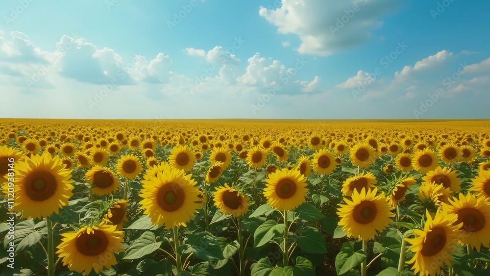 Fototapeta premium Vast Sunflower Field Meets Endless Sea, A Stunning Landscape Photo