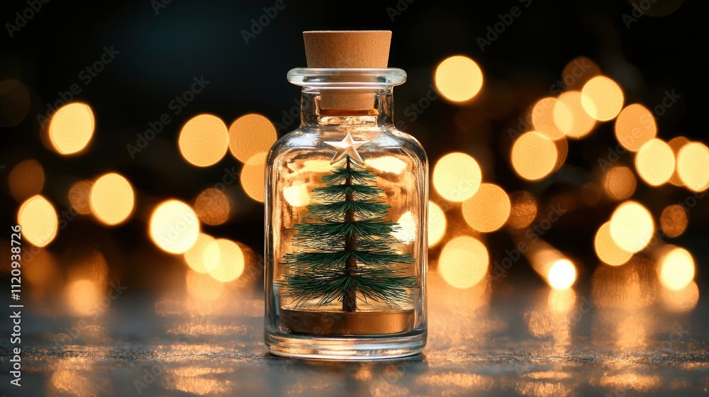 Miniature Christmas Tree in a Glass Bottle with Festive Bokeh Lights Miniature Christmas Tree in a Glass Bottle with Festive Bokeh Lights