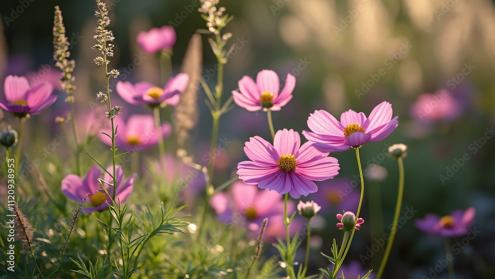 Dreamlike Monet-Style Cosmos Garden, Pink & Purple Flowers, Spiky Grasses, Soft Light, Dreamlike Monet-Style Cosmos Garden, Pink & Purple Flowers, Spiky Grasses, Soft Light,