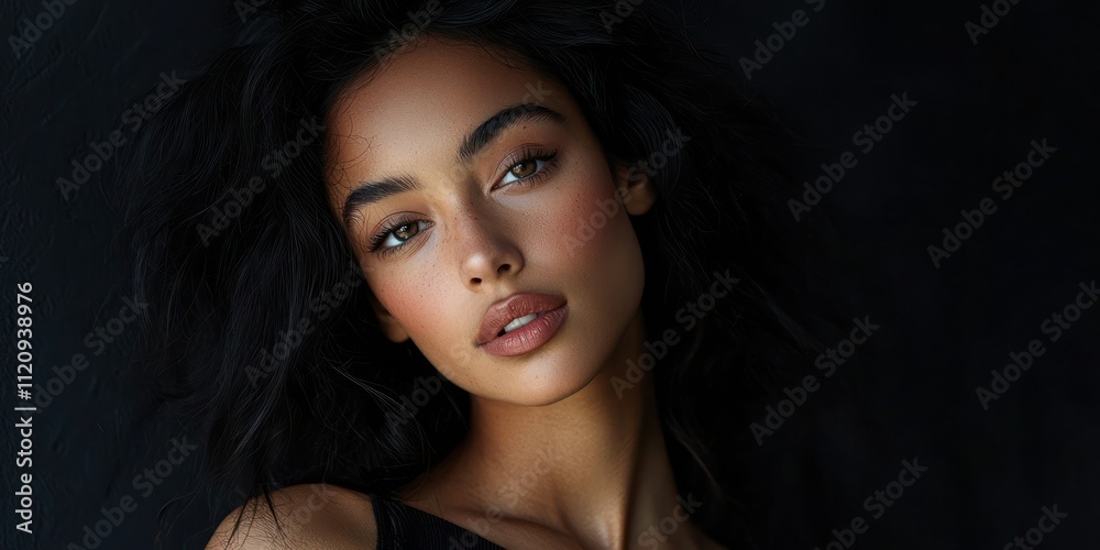 Studio shot of a model posing with dramatic lighting and a black backdrop Studio shot of a model posing with dramatic lighting and a black backdrop
