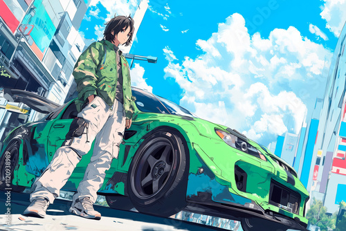 Street racer standing next to their tuned car in anime style. Mockup template with space for text. Background, cover design. racing urban theme banner poster background gaming. Generative Ai content
