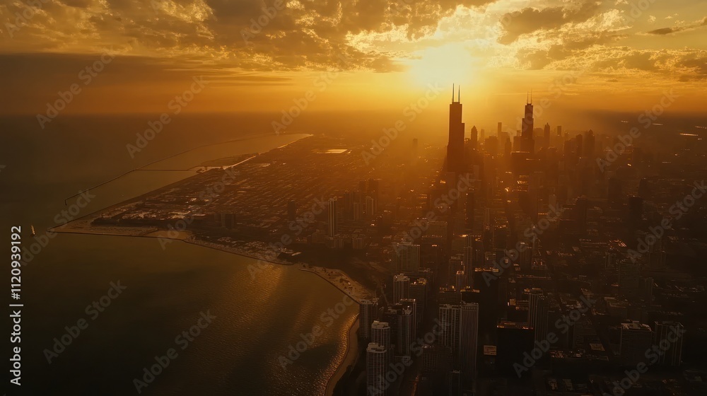 Aerial view of Chicago's skyline with Lake Michigan, golden sunrise lighting, Aerial view of Chicago's skyline with Lake Michigan, golden sunrise lighting,
