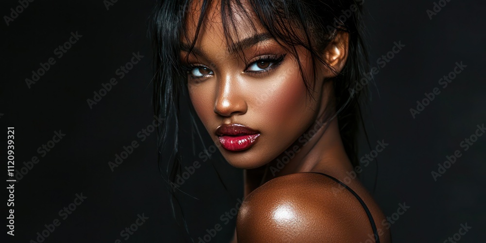 Studio shot of a model posing with dramatic lighting and a black backdrop Studio shot of a model posing with dramatic lighting and a black backdrop