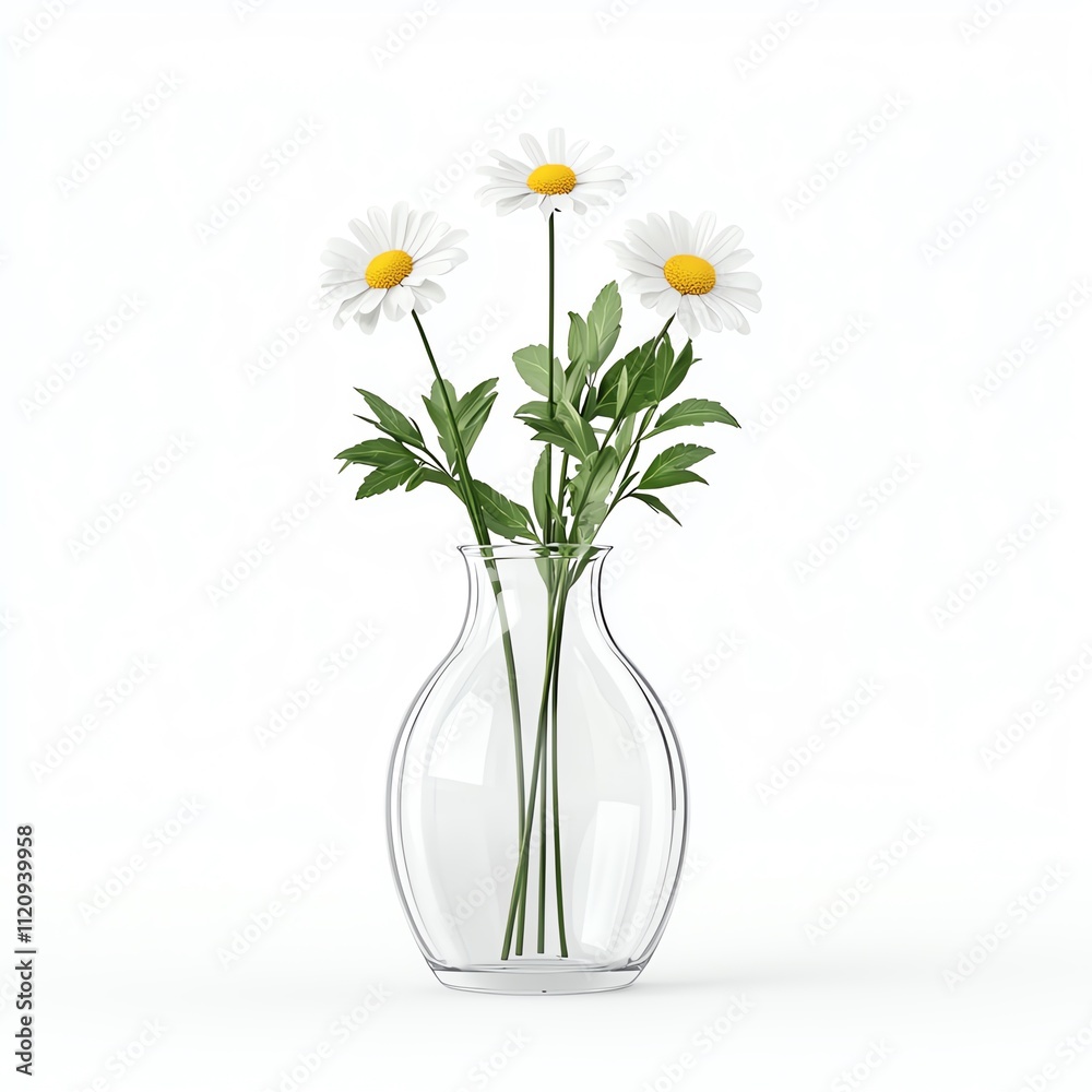 A clear glass vase with a single daisy, elegant minimalism, 3D rendering, crisp whites and yellow accents, isolated on white background A clear glass vase with a single daisy, elegant minimalism, 3D rendering, crisp whites and yellow accents, isolated on white background
