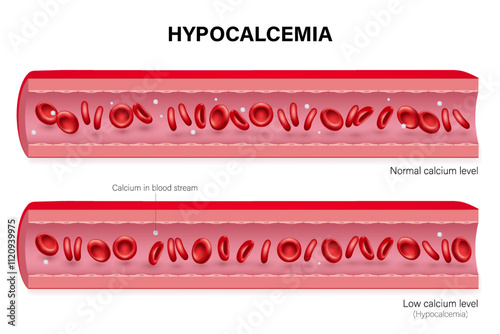 Hypocalcemia vector. Comparison between Normal calcium level and Low calcium level. Calcium in blood vessel.
