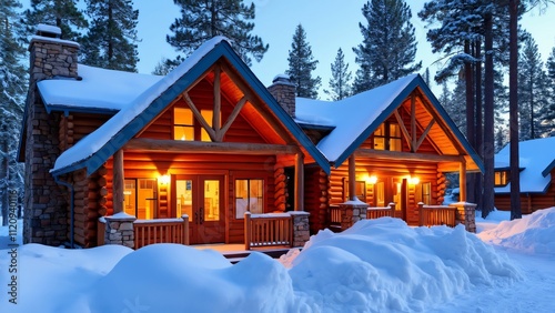 Lake Tahoe Log Cabins, Snowy Winter Evening Scene