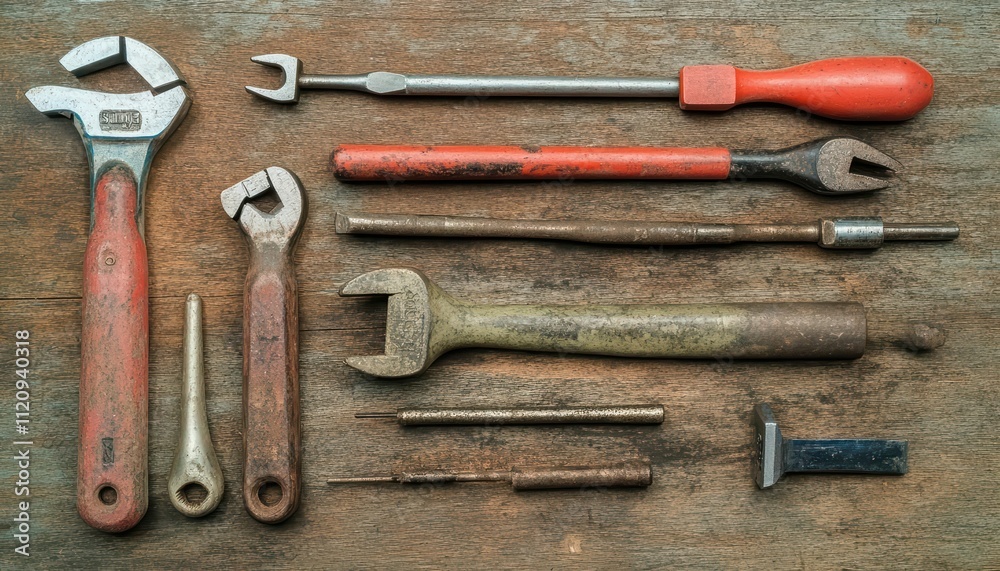A collection of various hand tools arranged on a wooden surface. A collection of various hand tools arranged on a wooden surface.