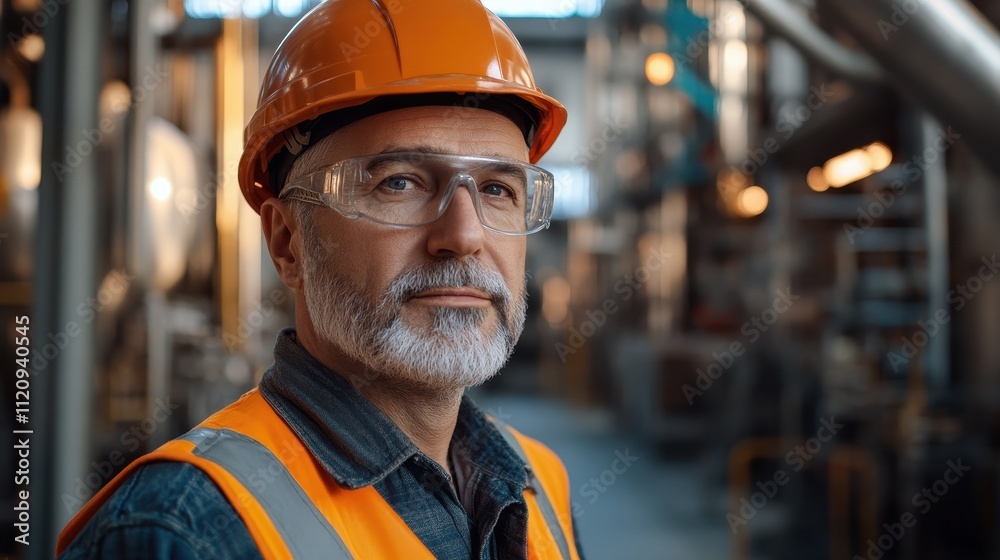 Serious mature worker in hardhat and safety glasses. Illustrates industrial safety, skilled labor, and factory work. Serious mature worker in hardhat and safety glasses. Illustrates industrial safety, skilled labor, and factory work.