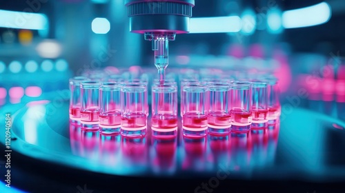 Detailed view of an automated liquid handler, used for highthroughput drug screening in a biotech lab photo