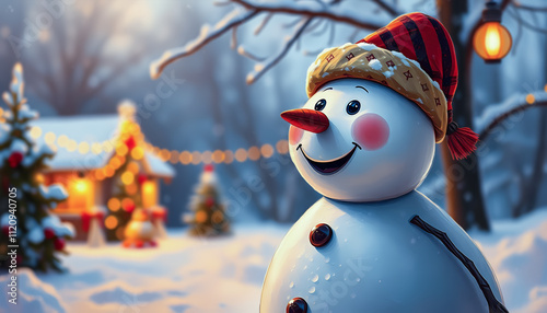 Smiley Snowman in Winter Wonderland, Christmas Scene with Festive Decorations, Warm Evening Glow, Rich Texture, Oil Painting Style
