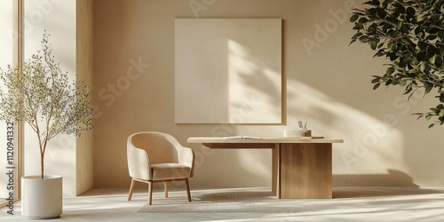 A clean and clutter-free minimal office featuring a simple desk, neutral colors, and a single statement piece of art