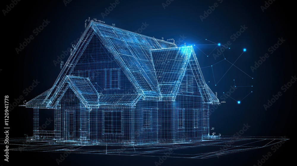 A digital wireframe representation of a house, illustrating architectural design concepts. A digital wireframe representation of a house, illustrating architectural design concepts.