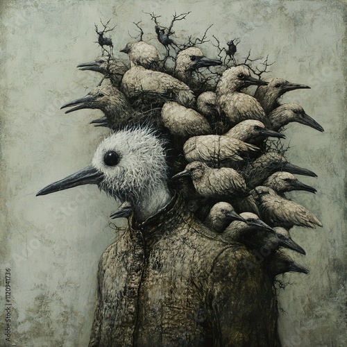 Surreal Bird-Headed Figure in a Dark, Gothic Setting photo