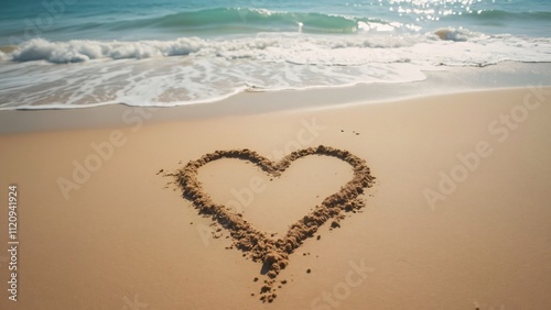 Romantic Heart Drawn in Sand on a Peaceful Beach; Gentle Waves, Seascape Photography photo