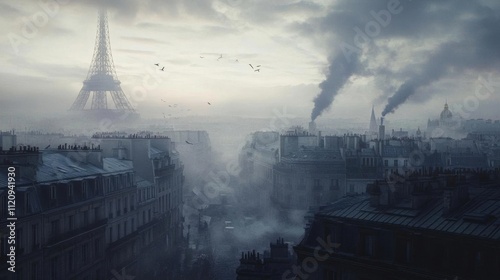 A misty cityscape featuring the Eiffel Tower and industrial elements.